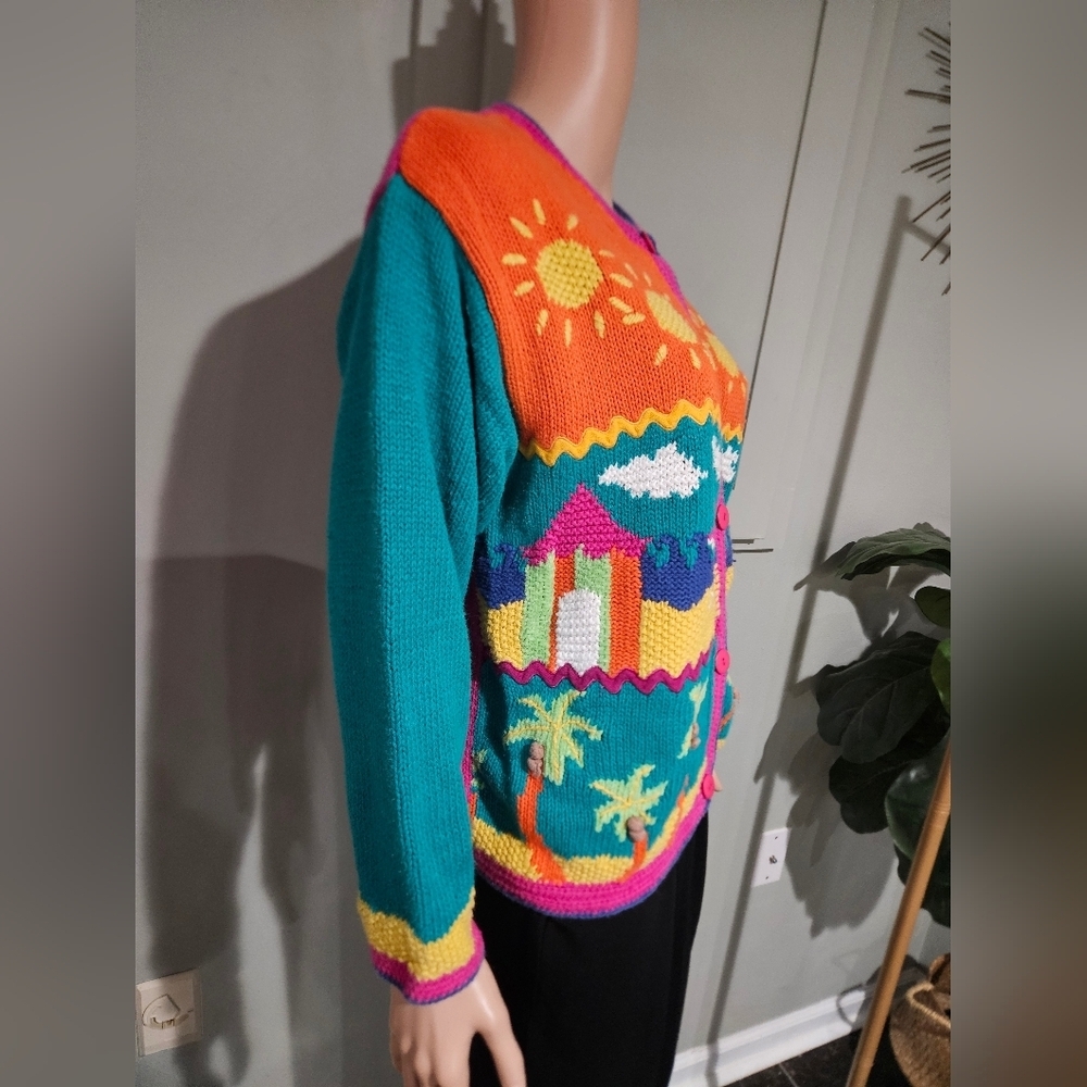 Vintage Hand Knit Beach Scene Cardigan – Statement Graphic Sweater. S/M - Picture 7 of 16